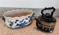 Vintage Back and Floral Teapot 7" w x 8" tall