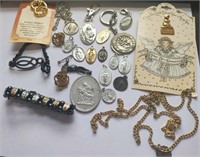 20 ASSORTED vtg RELIGIOUS MEDALS,PINS, CHAINS, KEY