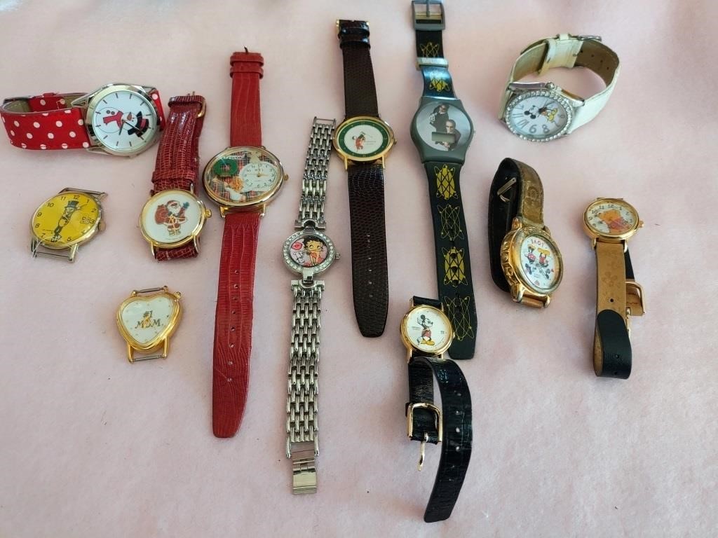 12 vtg ASSORTED WATCHES w/ FACES, MICKEY-MR PEANUT