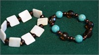 2 White, Brown & Turquoise Stretchy Bracelets