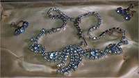 Vintage Blue Rhinestone Necklace & Earrings Set