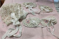 ANTIQUE TATTED WHITE BABY BONNET & 2 PR SLIPPERS