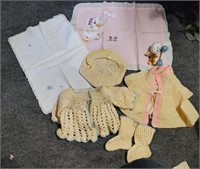 7 ANTIQUE ASSORT BABY ITEMS, TOYS-NAPPIES-SWEATERS