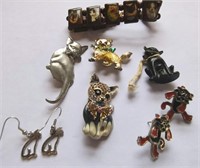 7 vtg ASSORTED CAT THEME JEWELRY,PINS-EARRINGS