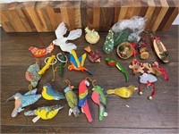 Lot of Hanging Fabric Bird Ornaments, Wood Christ-