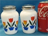 2 Milk Glass Reproduction Shakers with tulip.
