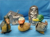 Lot - 3 Tin Ducks and 2 candy Molds used look at