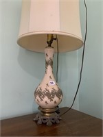 LIGHT PINK GLASS LAMP WITH GOLD DETAIL AND METAL