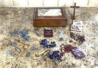 Rosary beads, Saint pendants, musical jewelry box