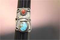 Turquoise and Coral Sterling Silver Ring