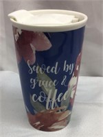 F4). TALL CERAMIC COFFE MUG, SAVED BY GRACE &