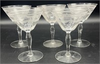 4 Vintage Art Deco Etched Crystal Glasses