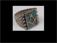 OLD MASONIC STERLING SILVER TURQUOISE INLAID RING