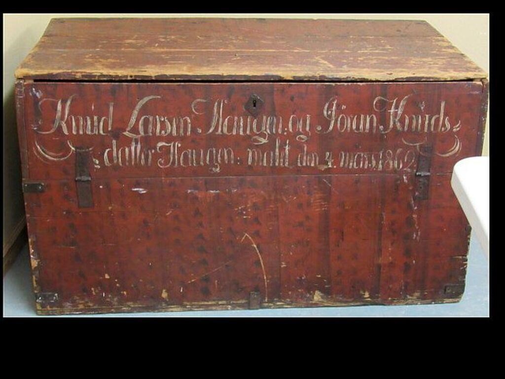 LARGE 1862 DATED IMMIGRANT TRUNK W/ ORIGINAL RED
