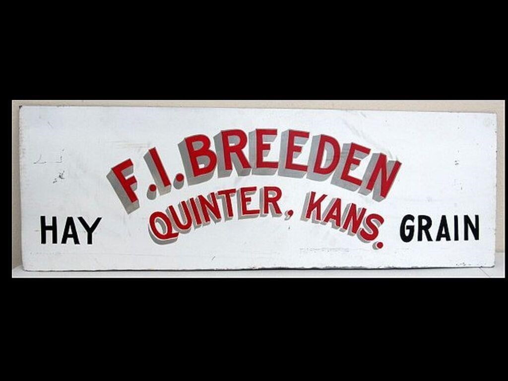 F.I. BREEDEN - QUINTER, KANSAS FEED SIGN - 36"L