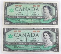 2x Billet de UN DOLLAR canadien 1867-1967