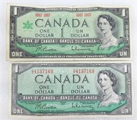 2x Billet de UN DOLLAR canadien 1954 et 1967