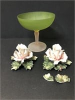 Pink stem Green Compote & Capodimonte candle flowe