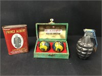 Royal Albert tin, exercise balls, & Grenade shell