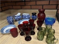 Red cordial glasses and decanter, blue hobnail