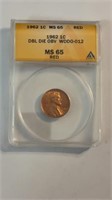 1962 Double Die Obv Anacs MS65 Red