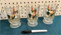 3 GLASS ROOSTER MUGS