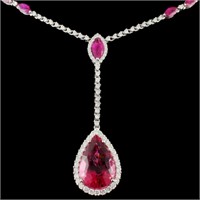 14K Necklace: 14.57ct Rubellite & 1.56ct Diam