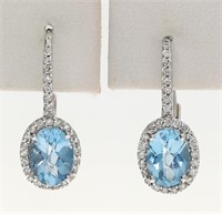 1.80 Ct Blue Topaz Diamond Earrings 14 Kt
