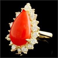 5.96ct Coral & 1.84ctw Diamond Ring in 14K Gold