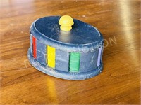 vintage blue leather poker chip holder & chips