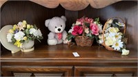 X3 small fou flower baskets and a small teddy
