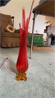 Footed red stretch, glass vase 21 1/2 inches tall