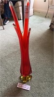Footed red stretch, glass vase 19 1/2 inches tall
