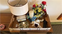 Box lot with faux, flowers, one antique lamp, and