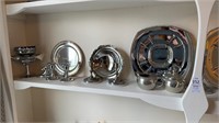 Shelf lot of metal Kitchen items along with