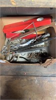 Small box of tools handsaw, rope, etc
