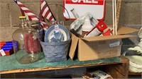 Glass gallon jug, basket, flags, misc tools,