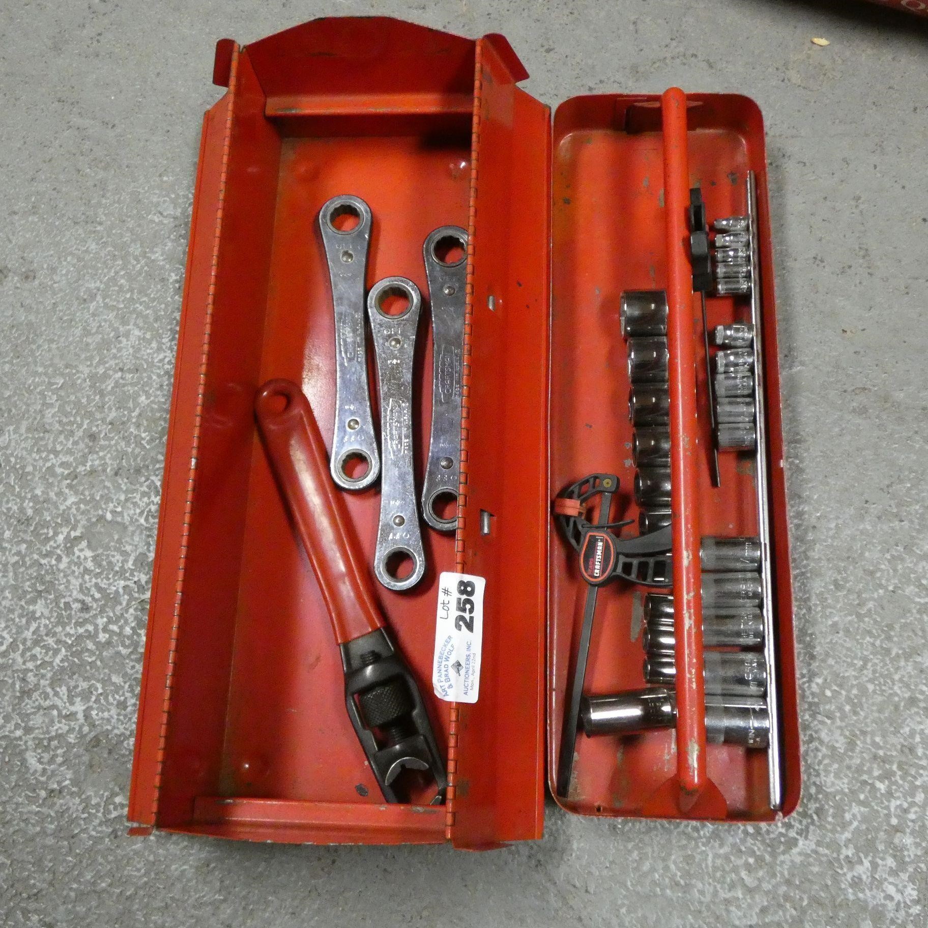Metal Toolbox of Assorted Hand Tools & Sockets