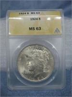 Graded ANACS 1924 $MS 63 Peace Silver Dollar