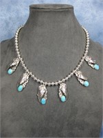 N/A Sterling Silver Turquoise Feather Necklace See