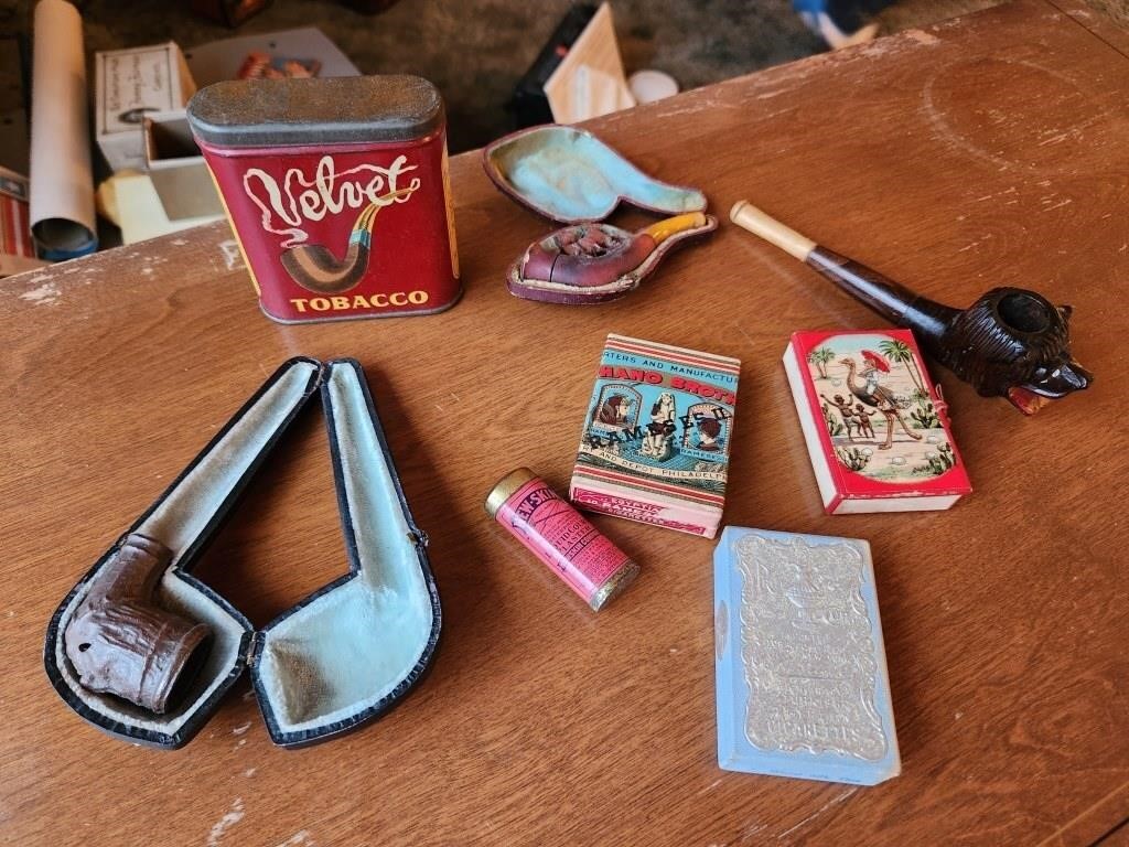 Vintage Cigarette Tin & Pipe Lot