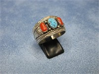 Dine Begaye Sterling Silver Turq.& Coral Ring