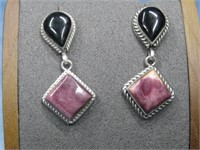 Navajo Sterling Onyx & Spiny Oyster Earrings See