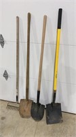 3 shovels and a rake