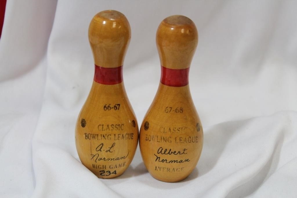 Lot of 2 Commemorative Wooden Bowling Pins
