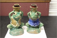 Lot of 2 His and Hers Frog Candle Sticks