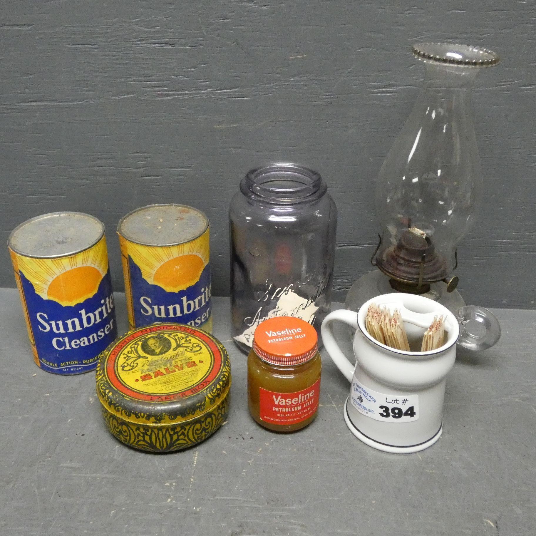 Purple Glass Sealer Jar, Oil Lamp, Etc
