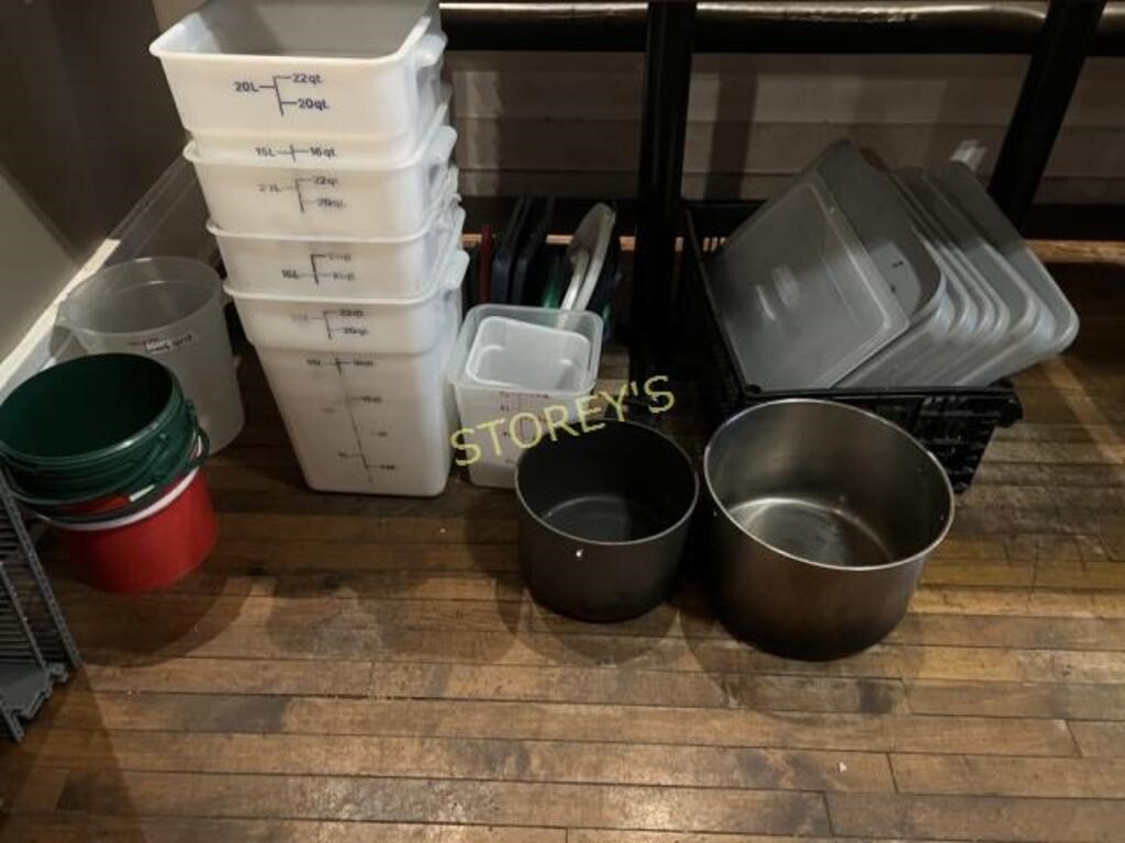 7 Asst Food Bins, Bus Bin Lids, Pots w/ Not