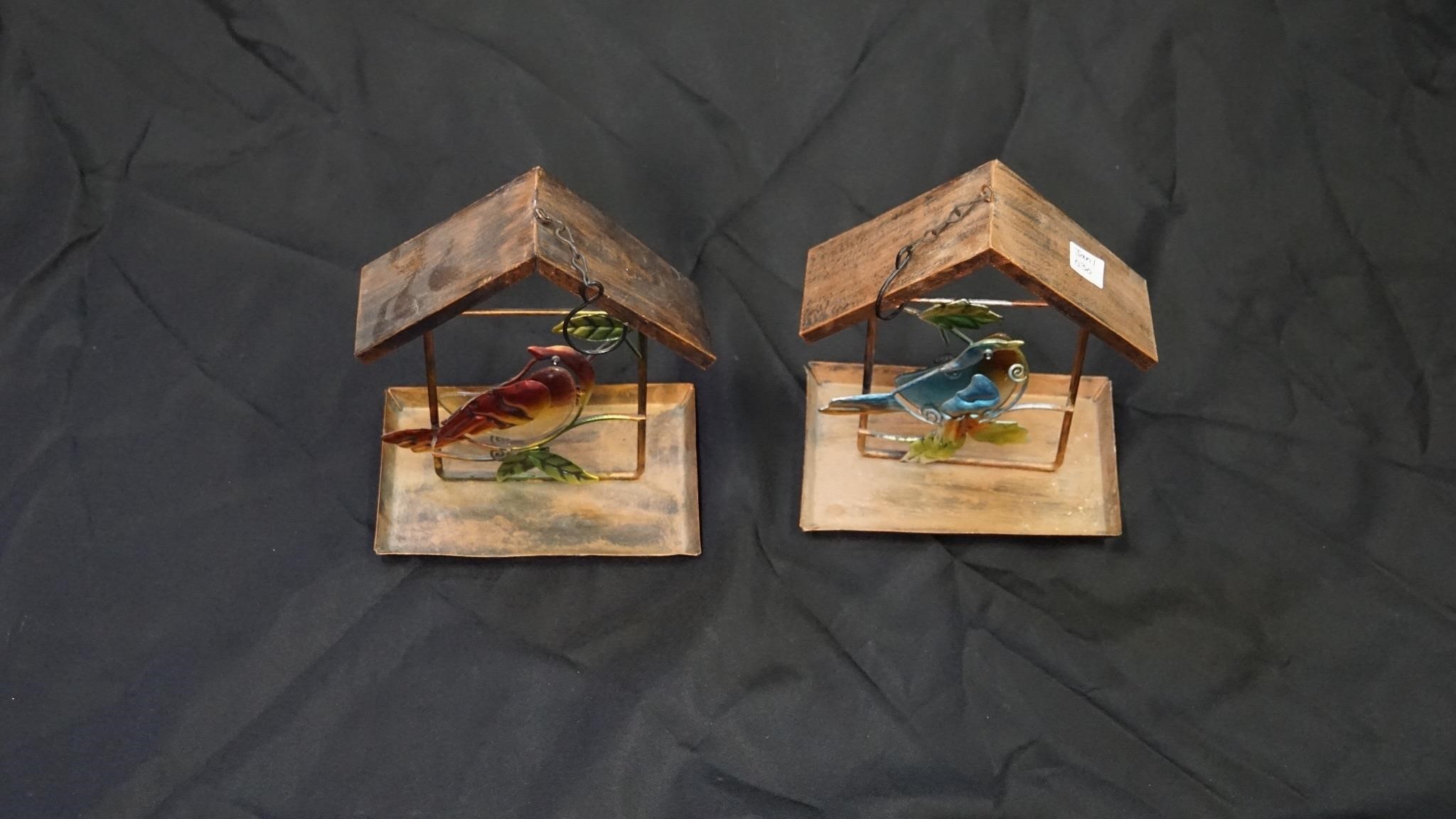 Set of decorative wood bird house ornament.