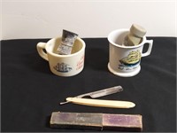 Straight Razor & 2 Shaving Mugs W Badger Brushes.